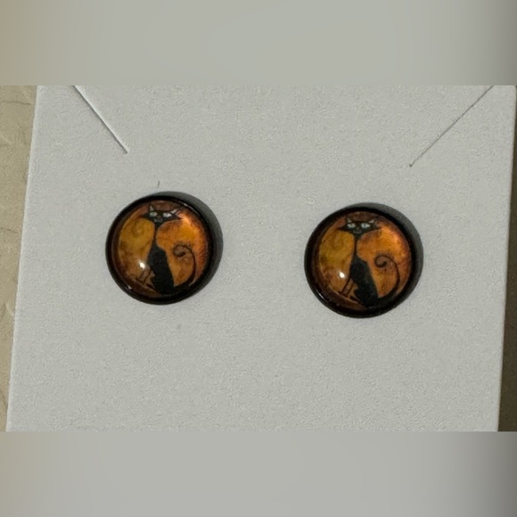 ❄️ SALE! Black Cat Button Stud Earrings Black Metal & Glass - Picture 4 of 11